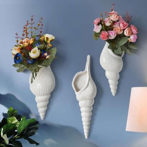 3 TYPES Modern White Ceramic Sea Shell Conch Flower Vase Wall Hanging Home Decor Living Room Background Wall Decorated Vase