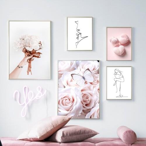 Pink Rose Butterfly Flower Swan Line Art Wall Art Canvas Painting Nordic Posters And Prints Wall Pictures For Living Room Decor