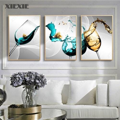Wall Decor Glass Canvas Poster Wine Glass Art Wall Pictures for Kitchen Home Design Blue Canvas Printings Wall Art Home Decor