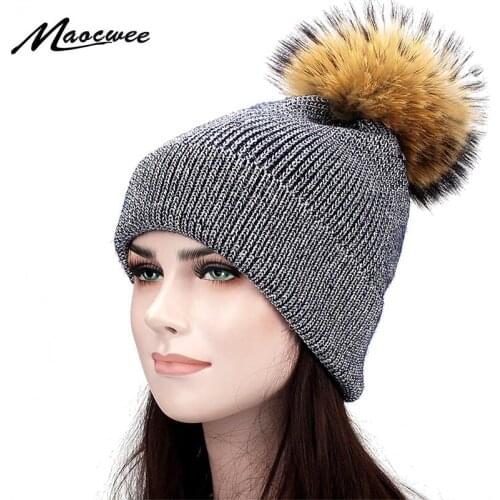 New Real Fur Pom Poms Women Winter Hats Casual Beanies Fashion Crochet Knitting Hat Brand Thick Female Cap Solid Color Hat Bonet