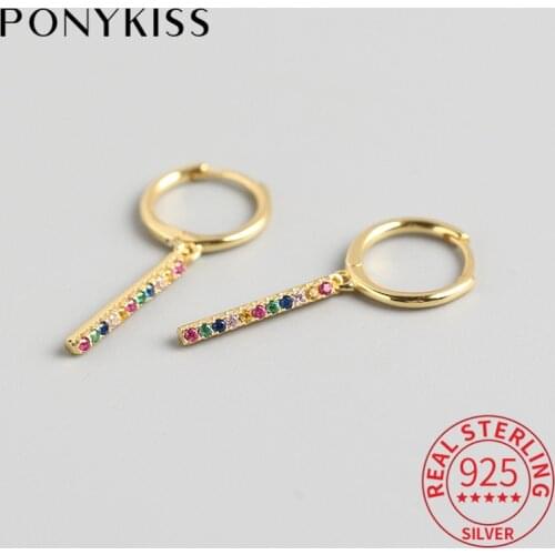 PONYKISS 100% 925 Sterling Silver Colored Zircon Geometric Hoop Earrings Women Trendy Delicate Earrings For Party Accessory Gift