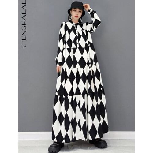 SHENGPALAE Fashion Printed Shirt Derss Women Autumn 2021 New Lapel Loose Long Sleeve Single Breasted Mid-calf Dresses Female