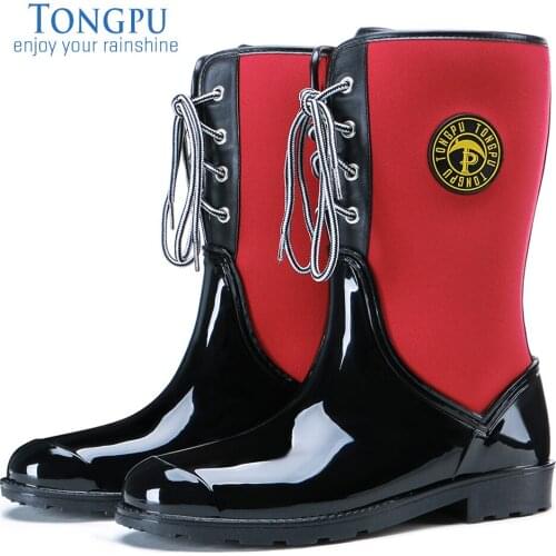 TONGPU New Design Womens Mid-Calf Rain Boots Ladies Flexible Neoprene Lace-Up Rubber Boots 154-601