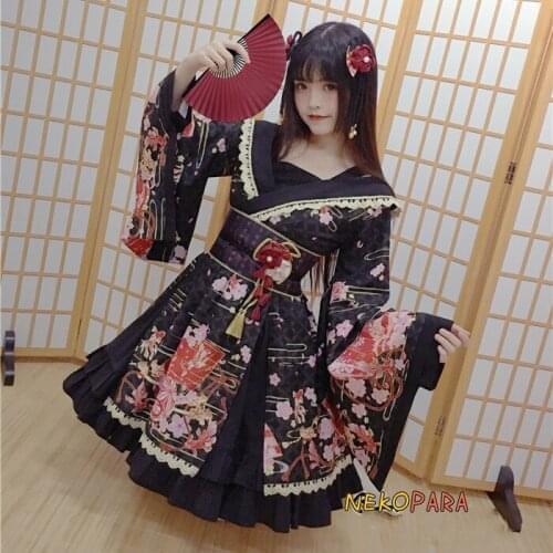 Gorgerous Hanayome 3PCS Set Japanese Kimono Style Dress Lolita OP Dress Cute Yukata Sleeve with Waist Belt and Flower Pin