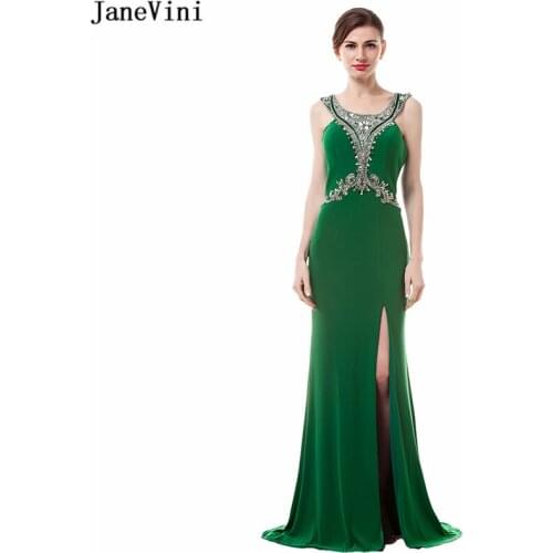 JaneVini 2018 Vintage Green Long Bridesmaid Dresses Scoop Neck Beading High Split Backless Sweep Train Africa Mermaid Prom Gowns