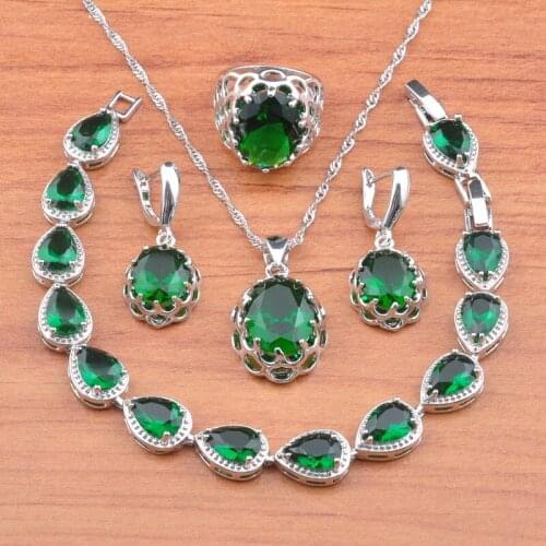 Bridal jewelry Green Zirconia Silver Color Jewelry Sets For Women With Drop Earrings Pendant Ring Bracelets Russian Style