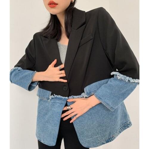 Patchwork Denim Jacket Women 2020 Blazer Coat Blue Splice Black Jackets Spring Autumn Fringe Coat Fashion Streetwear C503