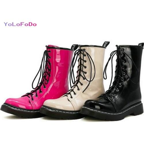 2021 Patent PU Leather Women Ankle Boots Platform Flat with Ladies Short Boots Cross Tied Autumn Winter Womans Shoes Big Size