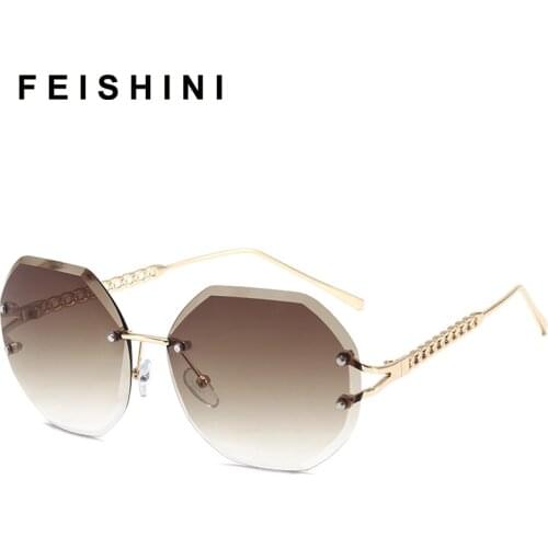 FEISHINI Gradient Oval Sunglasses Women Rimless Diamond Cutting Lens Brand Designer Fashion Shades Crystal Sun Glasses Ladies