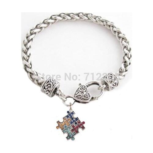 10pcs a lot antique silver plated Autism Hope Multi-Colored Crystal Puzzle Pendant Lobster Claw Bracelet(B10041)