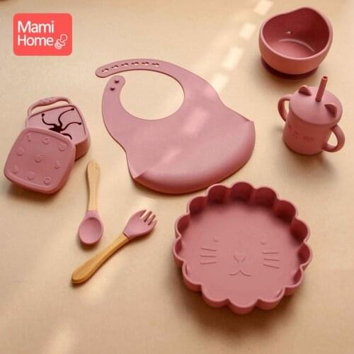7PCS/Set Baby Feeding Tableware BPA Free Food Grade Silicone Bowl Bib Placemat Fork Spoon Feeding Cup Set Baby Bowl Baby Goods
