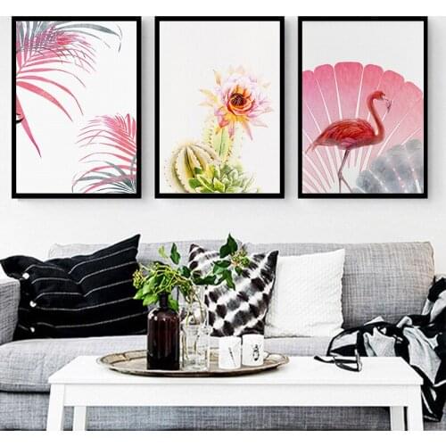 Watercolor Cartoon Canvas Painting Pink Flamingo Flowers Nordic Art Poster Prints Wall Picture For Living Room Hipster Decor