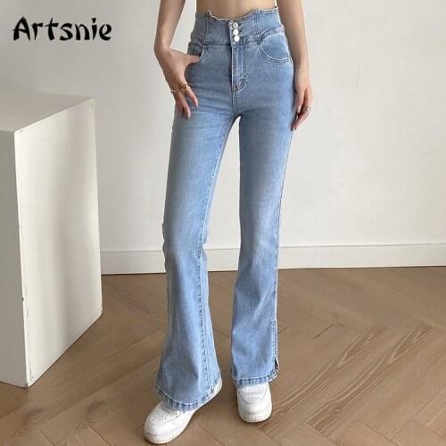 Artsnie Vintage Casual Denim Flare Pants Women Autumn High Waist Blue Jeans Streetwear Pockets Boot Cut Jeans Ladies Long Pants