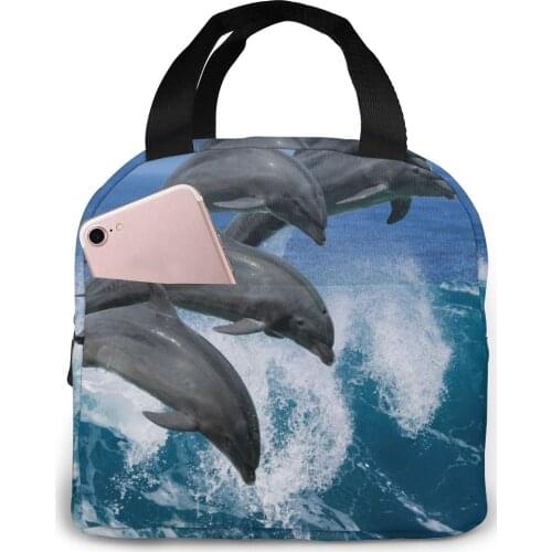 Four Beautiful Dolphins Jumping Over Breaking Waves Cooler Lunch Box Portable Insulated Lunch Bag Thermal Food Picnic Lunch Bags