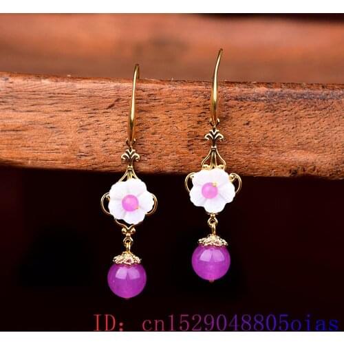Purple Jade Flower Earrings Charm Gifts Crystal Zircon Amulet Fashion 925 Silver Women Chalcedony Gemstone Jewelry Natural