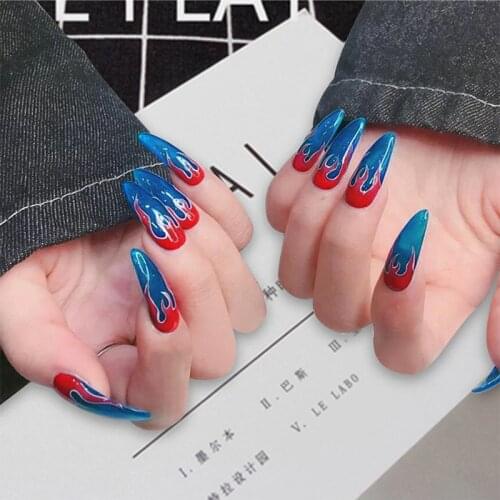 24pcs/Set Punk Fire Pattern Fake Nails Artificial Full Cover European Long Stiletto Nail Art Tips Women Finished Press on Nails