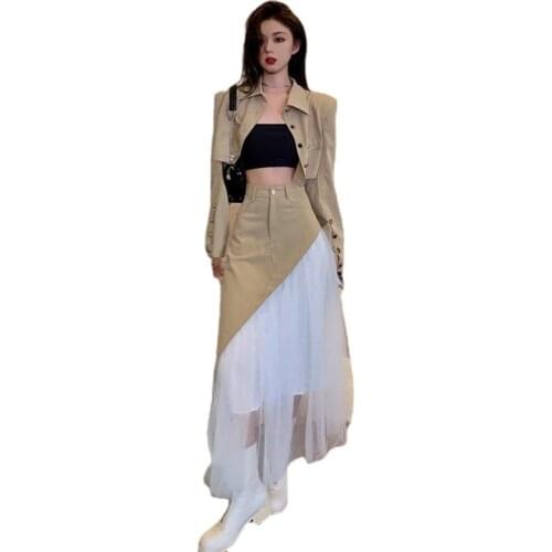 2PC Women Fashion Retro Dress Suits Khaki Two Pieces Long Sleeve Short Jacket&High Waist Chiffon Stitching Skirt Sets Outfits