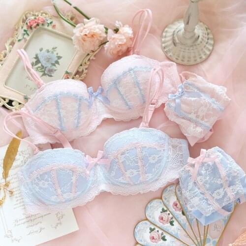 Pink Blue Japanese Sexy Lolita Lovely Lace Trim Bow Bra & Brief Sets Womens Small Fresh Push Up Underwire Underwear Set Student