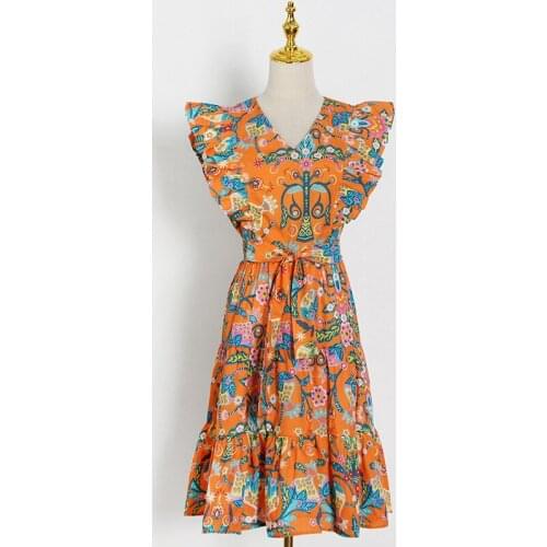 Sexy Women Sundress V-Neck Sleeveless Printing Dyeing Orange High Waist Short A-Line Dresses Beach Party Clothes 2021 Summer