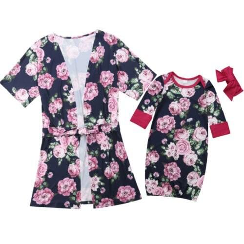 Family Matching Pajamas Mother And Baby Flower Robe Sleepwear Sleep sack Headband
