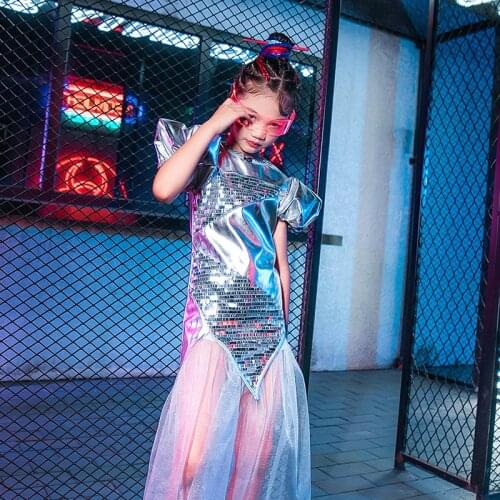 Girls Jazz Dance Costumes Silver Sequin Dress Children Catwalk Yarn Skirt Kids Street Dance Hip Hop Performance Clothing DQL5799