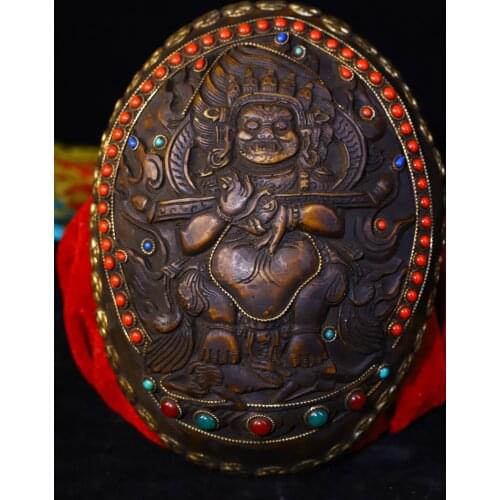 7"Tibet temple Tibetan silver mosaic Skull Filigree Gem Dzi Bead Statue of Mahakala Kapala Cup Gabala Bowl Town House Exorcism