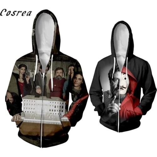 Movie La Casa De Papel Cosplay Sweatshirt Zipper Hoodies Mens 3D Print La Casa De Papel Costume Casual Hooded Jacket Women Coat