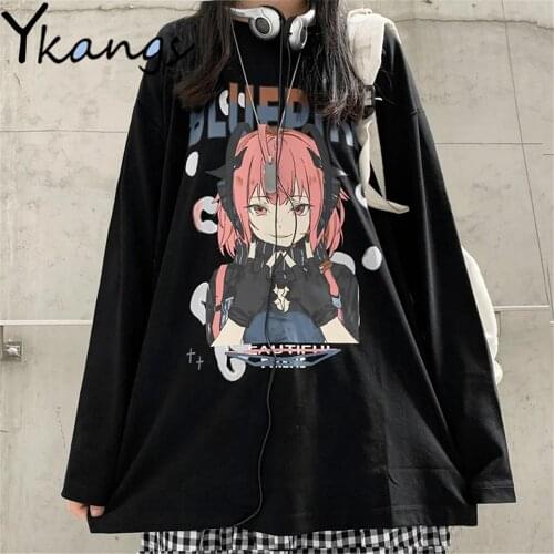 Dark Style Anime Printing Tops Vintage Loose All-Match Long Sleeve Cool Girl Black Sweatshirt Harajuku Spring Autumn Streetwear