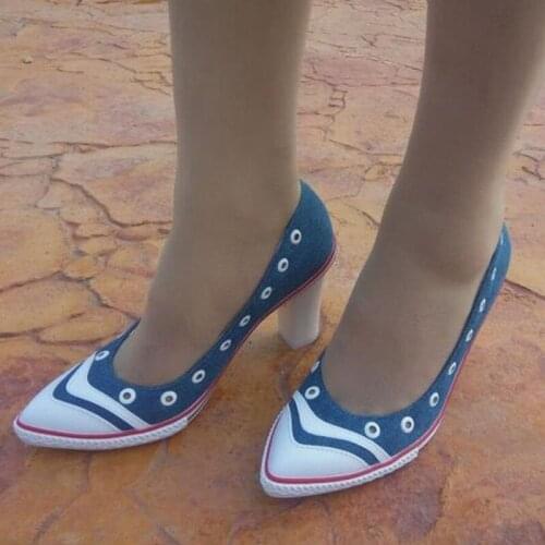 Ladies Casual Shallow Mouth Slip-on Denim Canvas Pumps Shoes Sexy Pointed Toe Thin Heels High Heels Women Shoes New Campus Shoes