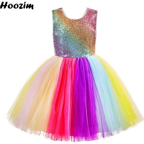 Nice Back Deep V Shine Sequin Graduation Knee Length Dresses Girls 4-11 Years Smart Rainbow Tulle Backless Birthday Party Dress