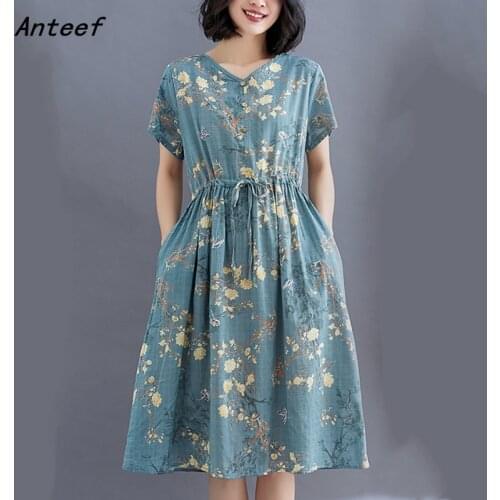 Short sleeve plus size cotton vintage floral dresses for women casual loose midi woman summer dress elegant clothes 2021