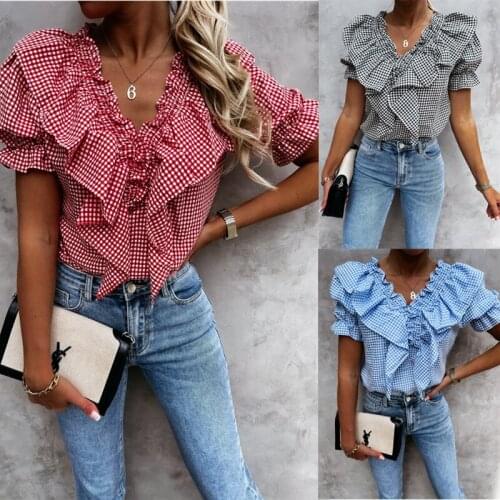 2021 summer slim fit womens V-neck Ruffle Plaid short sleeve womens shirt womens office fashion basic top Woman Plus Size