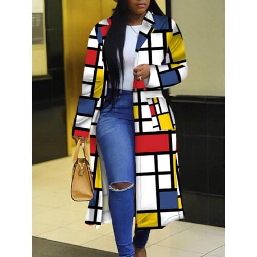 Women Fall Trench Coat Block Color Plaid Long Sleeves Autumn Casual Fashion Elegant with Pockets Outerwear 2021 Female Clothing