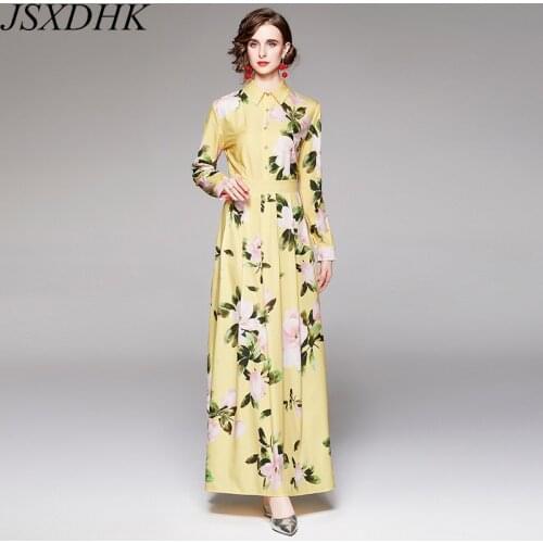 Runway Autumn Maxi Dress Elegant Women Yellow Flower Printed Long Sleeve Female Turn Down Collar Holiday Robe Dresses Vestidos
