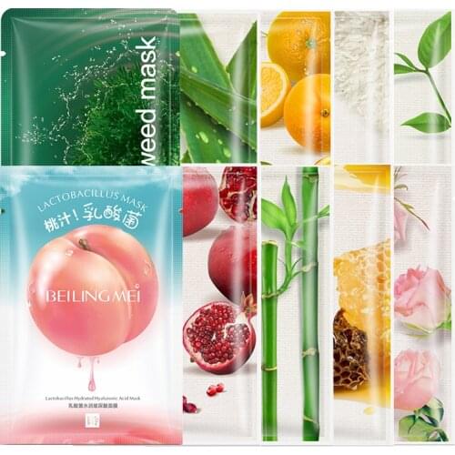 10 pcs Aloe Orange Rice Pomegranate Bamboo Rose Green Tea Honey Peach Moisturizing Mask Oil Control Hydrating Skin Rejuvenation
