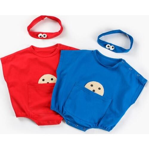 Free Shipping Baby Rompers Short Sleeve Loose Tops Sesame Street Biscuits Boys Outfit with Hair Band 2pcs Set Unisex Playsuits