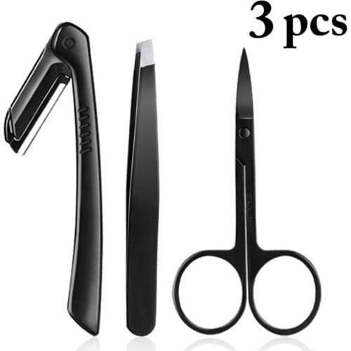 3PCS Kapmore Eyebrow Grooming Set Stainless Steel Folded Eyebrow Razor Eyebrow Scissors Eyebrow Trimmer Tool