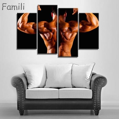 4pcs Boy dumbbells Sports exercising Bodybuilding Fitness Motivational printed canvas painting Poster Fabric For Gym Pictures