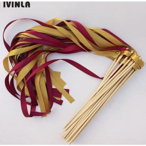 50 Pcs/Lot Wine and Gold wedding ribbon wands with gold bell for wedding decoration