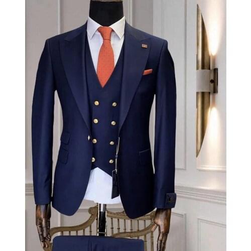 Gentleman Navy Blue Business Suits Men Wedding Groom Tuxedo Prom Party Slim Fit Terno Masculino Trajes De Hombre Blazer 3 Pieces