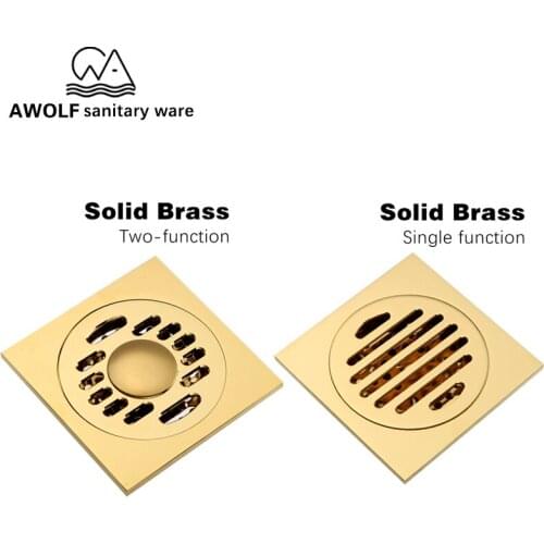 Floor Drain Deodorant Strainer Square Solid Brass 10cm Shower Waste Water Drain For Kitchen And Bathroom Gold Plated AH6157
