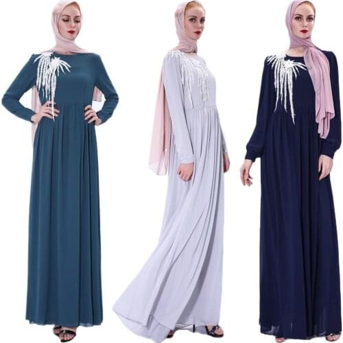Muslim Women Long Dress Appliques Elegant Maxi Robe Kaftan Arab Chiffon Turkish Dubai Ramadan Islamic Gown Party Dresses