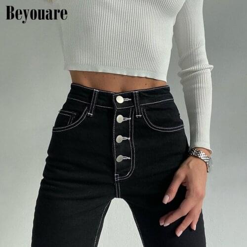 Beyouare Casual Skinny High Waist Button Panelled Jeans 2020 Autumn Solid Slim Pencil Pants Fashion Streetwear Female Trousers