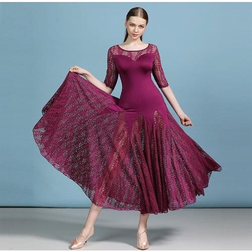 H2594 Adult Modern Dance Dress Women National Standard Waltz Ballroom Middle Sleeve Professional Performance Practice Costumes