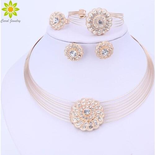 Gold Color African Beads Jewelry Sets Flower Choker Necklace Earrings Set Crystal Wedding Bridal Dress Accessories