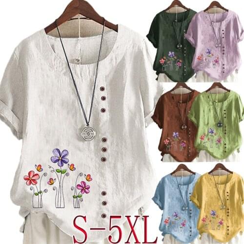 Summer Casual Flowers Print Loose T-shirts Vintage Cotton and Linen O-Neck Plus Size Short Sleeve Blouse Tops For Women S-5XL