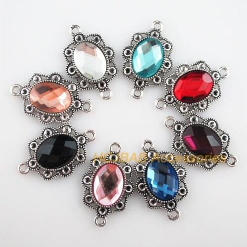 Fashion 8Pcs New Flower Charms Tibetan Silver Tone Retro Oval Mixed Crystal Connectors 18x29mm