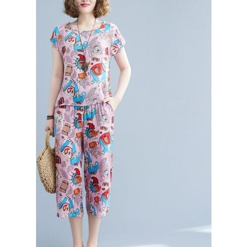 Fashion Women Clothes Set 2021 New Arrivel Thin Soft Cotton Nylon Loose Summer Set Print Floral Loose Tops Pants Casual Set Suit