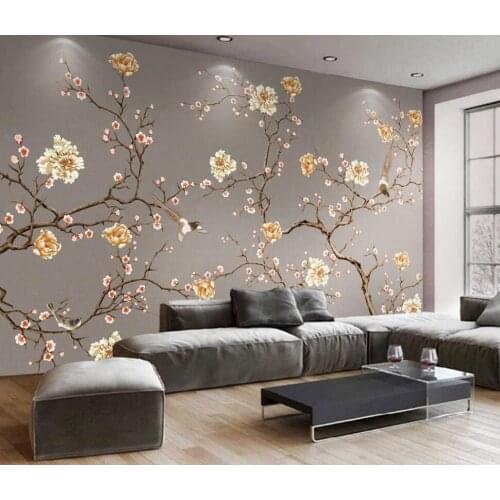 Customized 3D mural wallpaper hand-painted flowers and birds art high-end TV background wall decoration murals