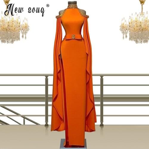 Orange Long Cape Sleeve Longue Robes Elegant Off Shoulder Evening Gowns Gold Sequins High Neck Prom Dresses Celebrity Dress Cust